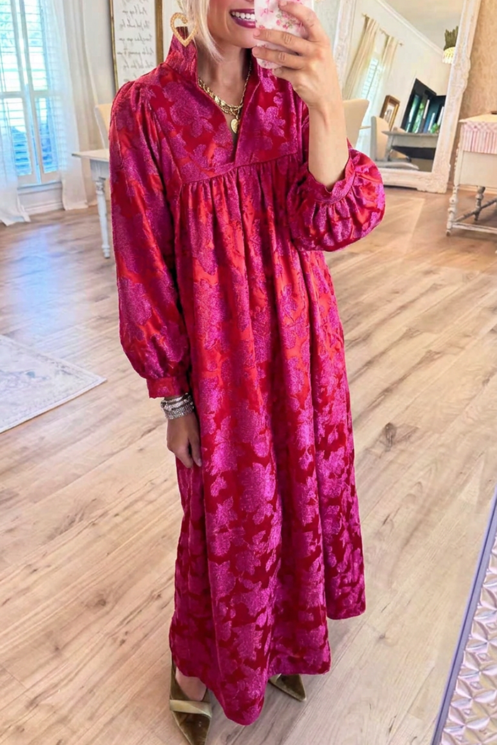 Stand Split Neck Burgundy Floral Jacquard Maxi Dress