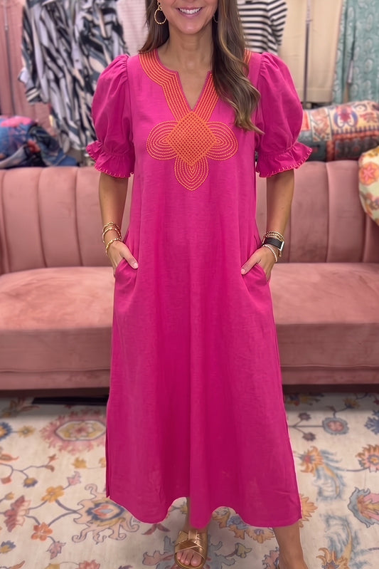 Hot Pink Puff Sleeve Pocket Maxi Dress