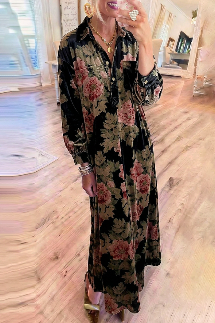 Velvet Vintage Floral Collared Pockets Long Sleeve Maxi Dress
