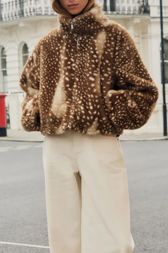 Deer Print Faux Fur Jacket