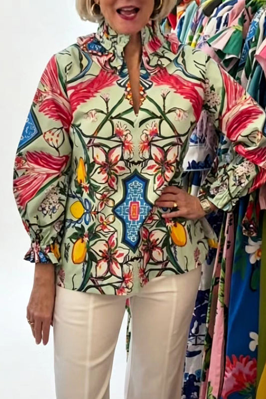 Floral Citrus Print Ruffle Collar Top