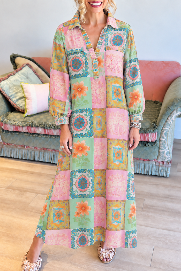 Patchwork Floral Collar Pockets Maxi Dress