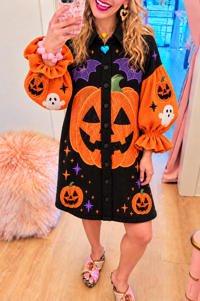 Black Orange Halloween Puff Ruffle Sleeve Dress