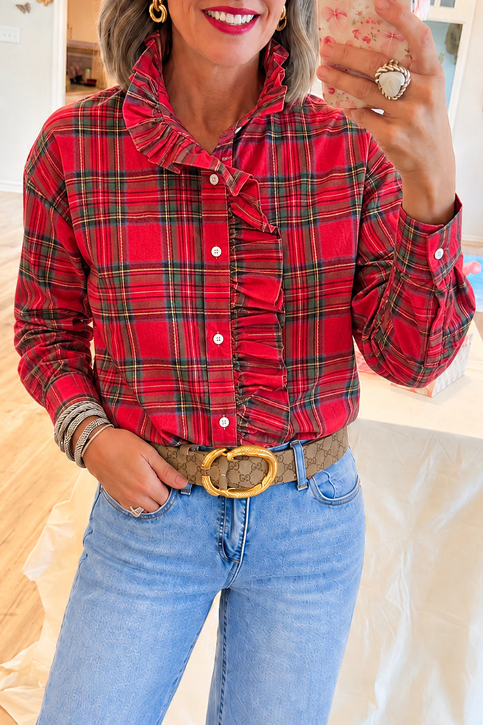 Ruffle Front Red Tartan Plaid Top