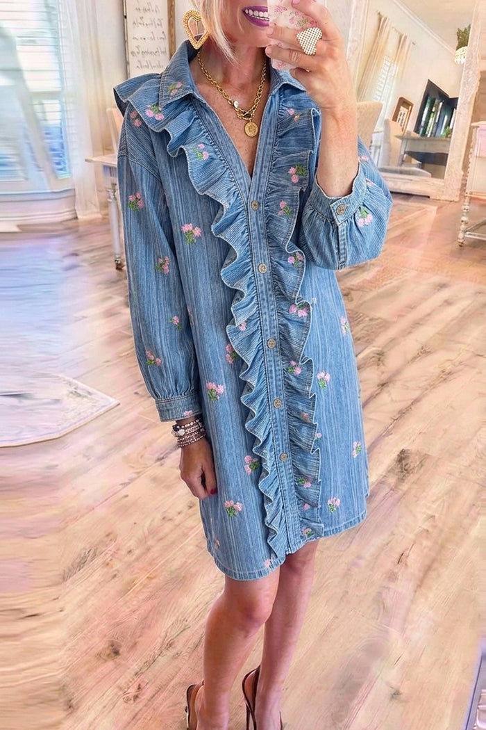 Light Wash Denim Ruffle Front Floral Embroidery Dress