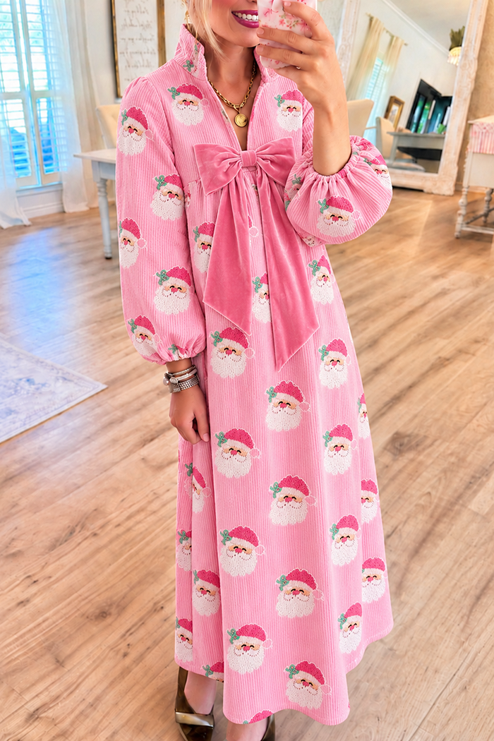 Santa Pocket Velvet Bow Corduroy Maxi Dress