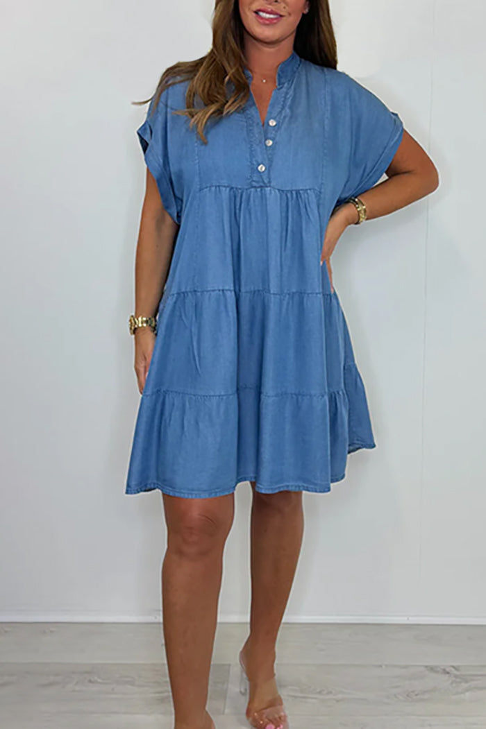 Denim Tiered Cap Sleeve Swing Dress