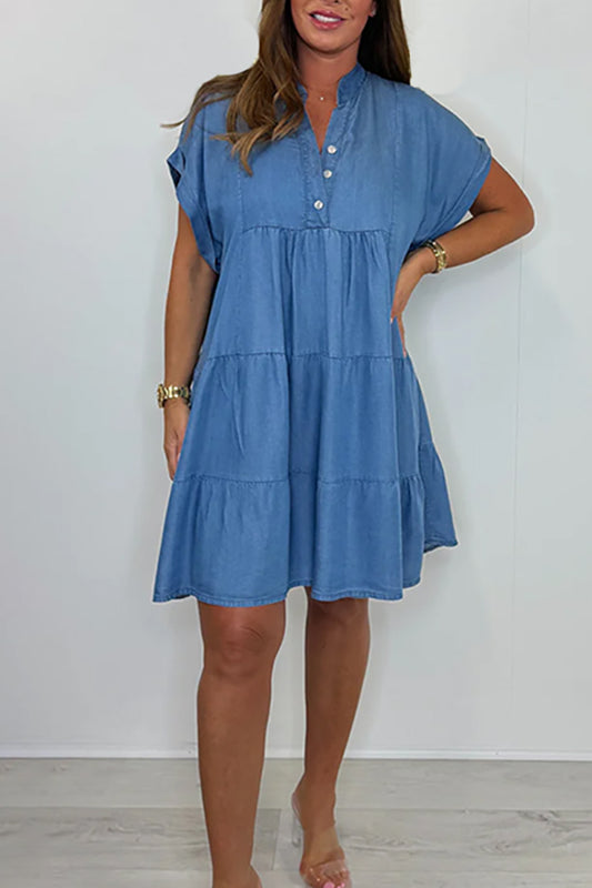 Denim Tiered Cap Sleeve Swing Dress