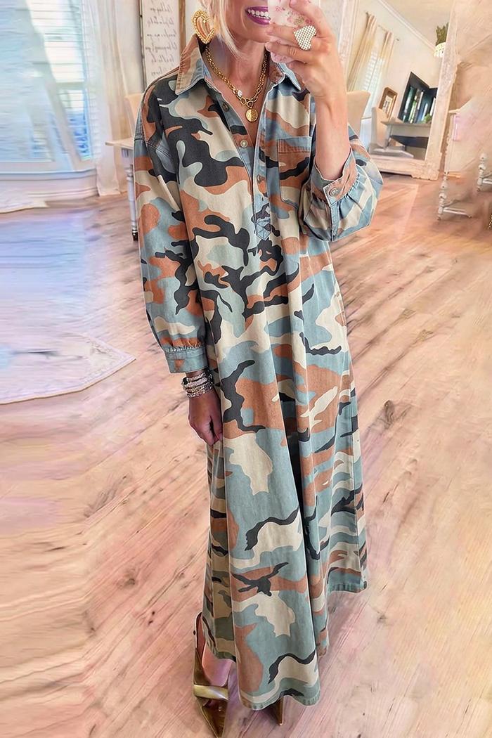 Camo Denim Collared Long Sleeve Pocket Maxi Dress
