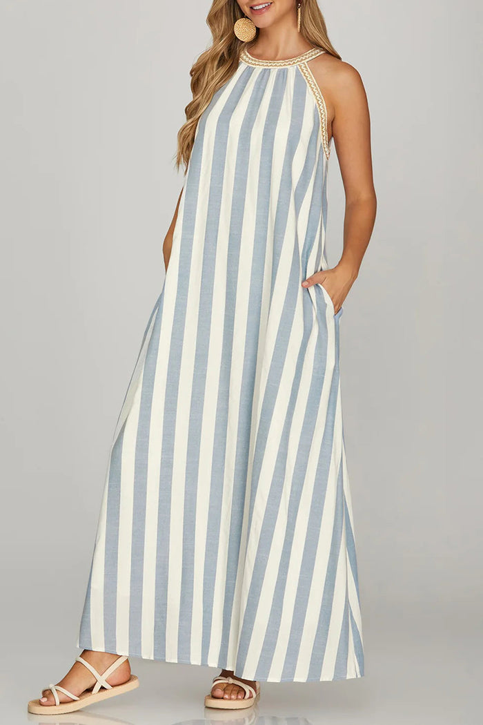 Blue Striped Pocket Maxi Dress
