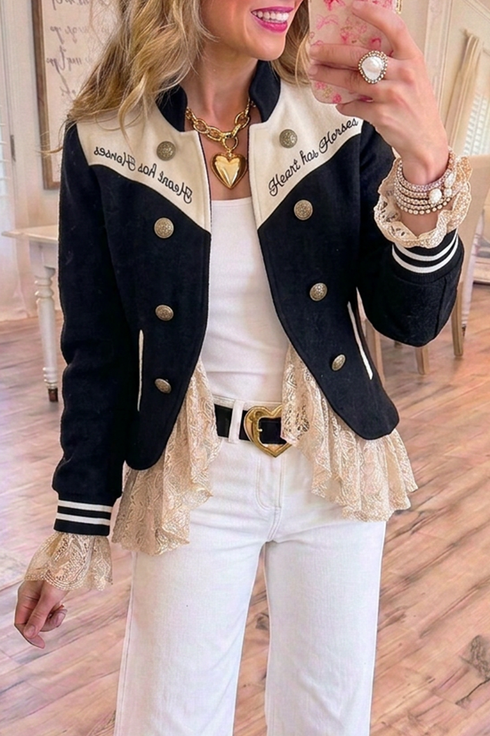 Black Cream Striped Cuff Lace Hem Jacket