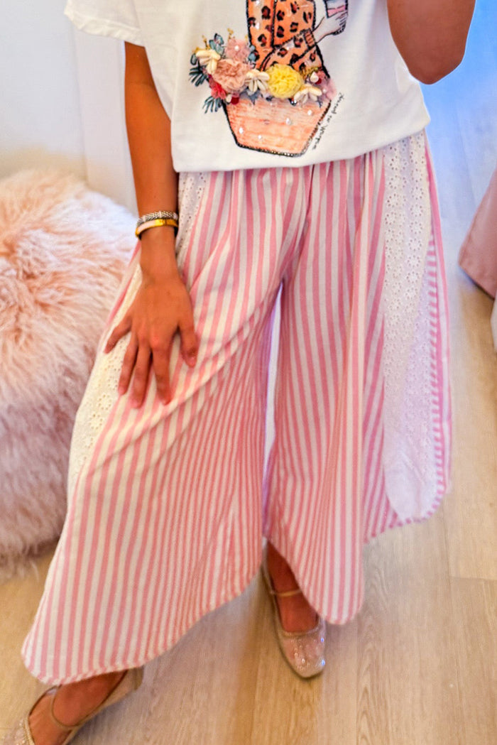 Striped Floral Eyelet Detail Wide Leg Pants