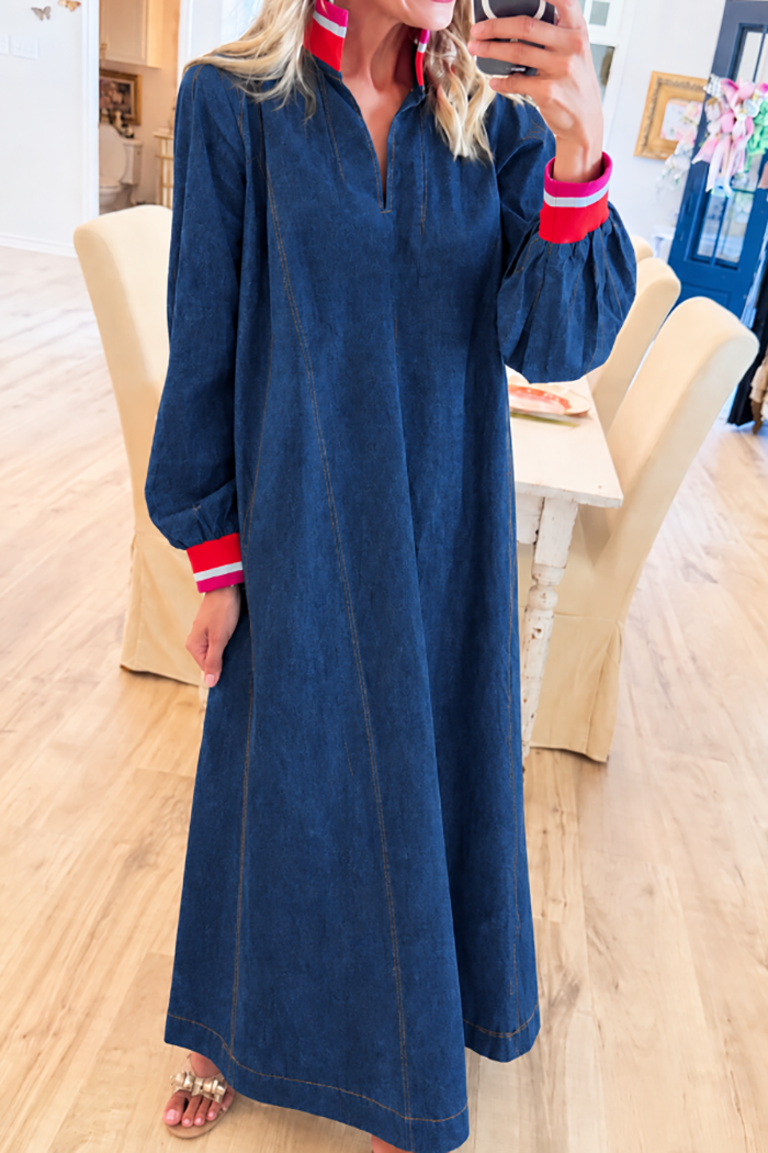 Striped Cuff Stand Collar Denim Pockets Maxi Dress