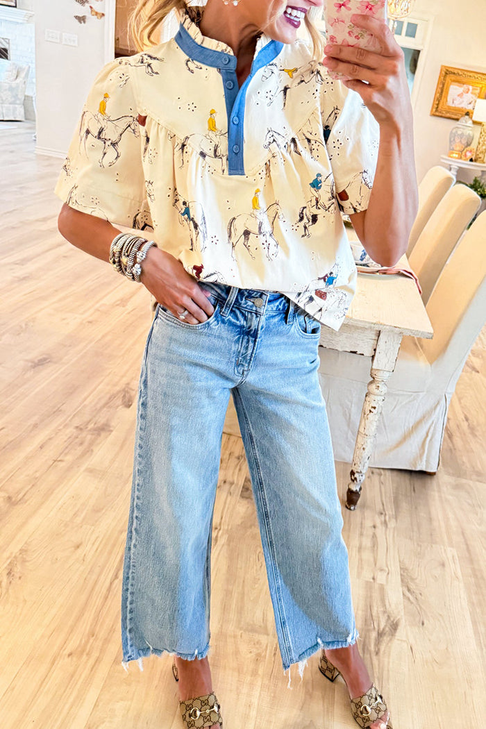 Cream Horse Print Ruffle Stand Collar Short Sleeve Top