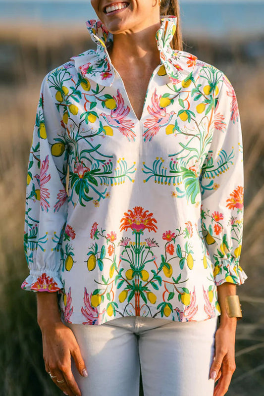 Lemon Floral Ruffle Collar Top