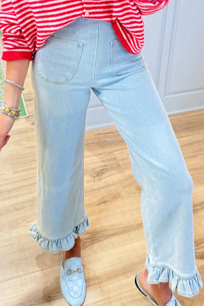 Light Denim Ruffle Hem Pocket Pants