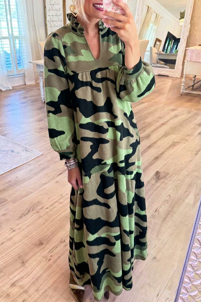 Ruffle Collar Camo Knit Pocket Maxi Dress