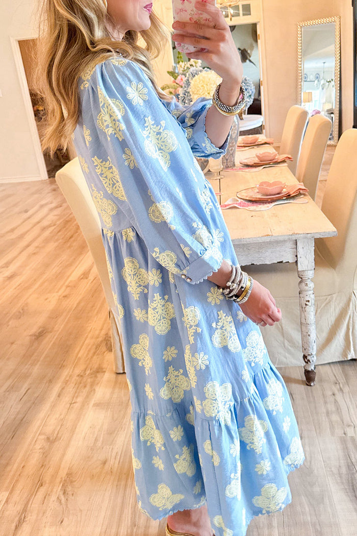 Blue Scallop Hem Midi Dress
