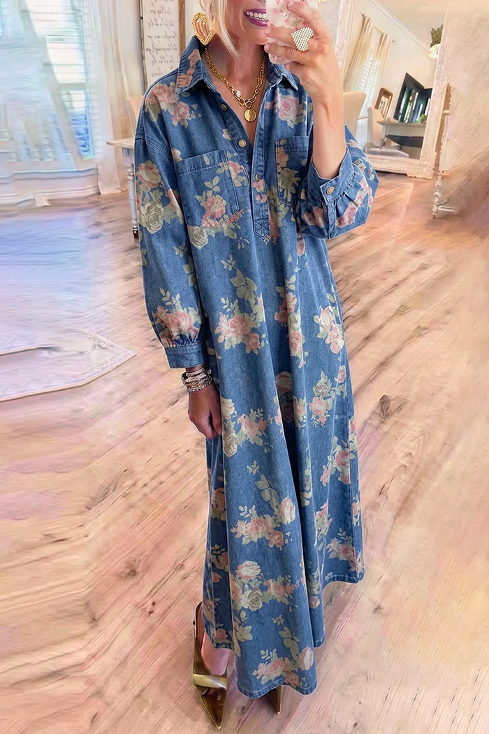 Blue Floral Denim Long Sleeve Maxi Shirt Dress
