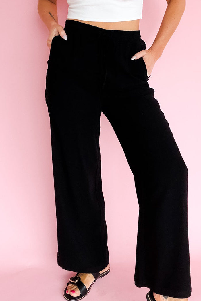 Side Lace Trim Wide Leg Pants