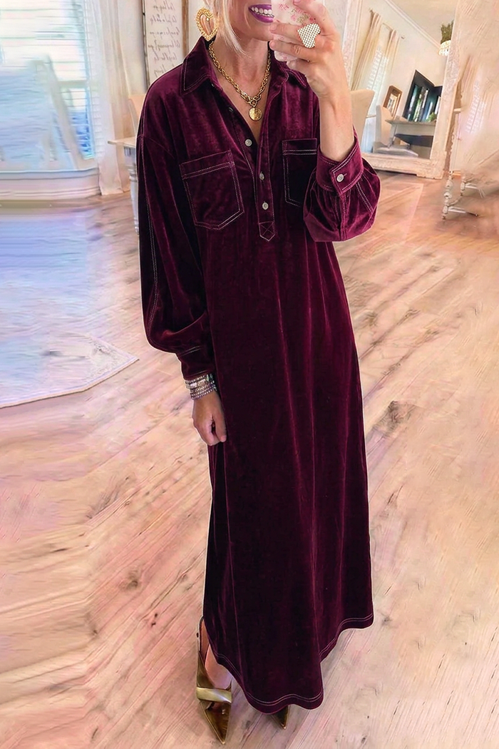 Burgundy Velvet Collared Half Button Pockets Balloon Sleeve Maxi Dress