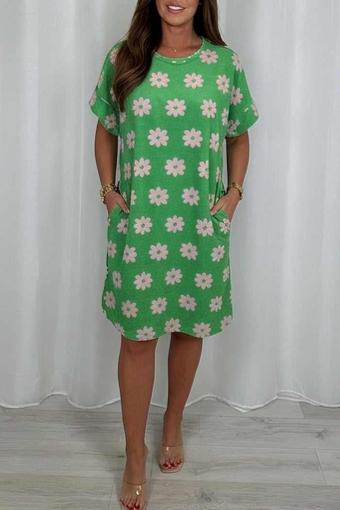 Green Floral Short Sleeve Pocket Dress