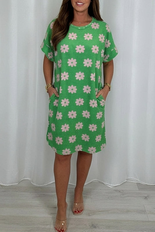 Green Floral Short Sleeve Pocket Dress