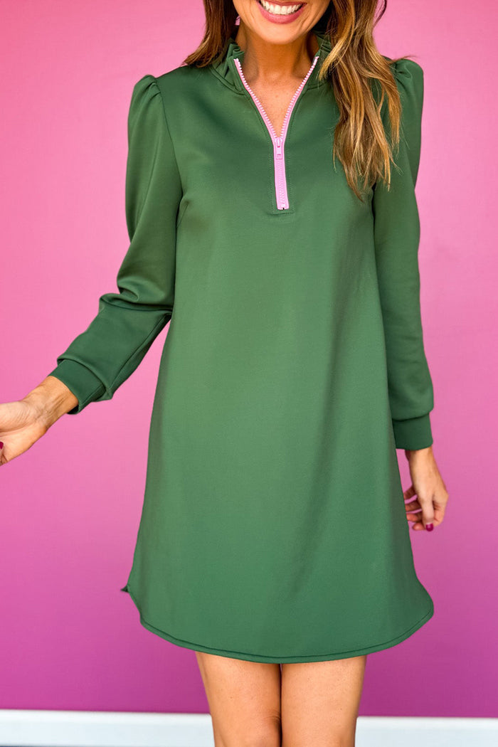 Long Sleeve Ruffe Collar Zip  Dress
