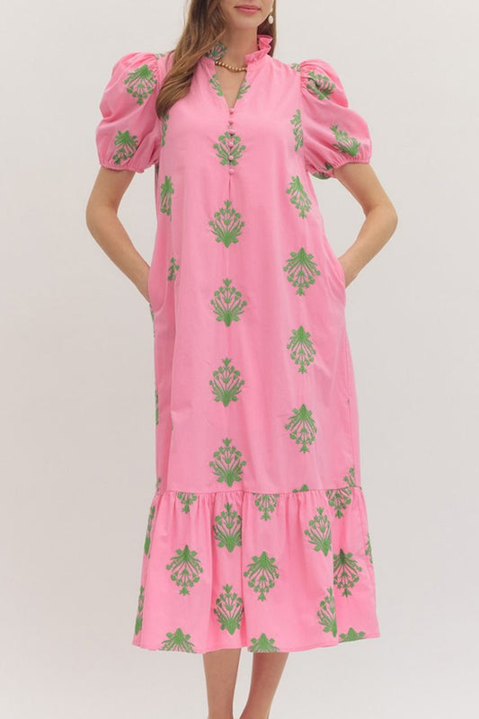 Short Puff Sleeve Pocket Midi Dress