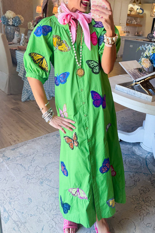 Butterfly Print Short Sleeve Midi Dress