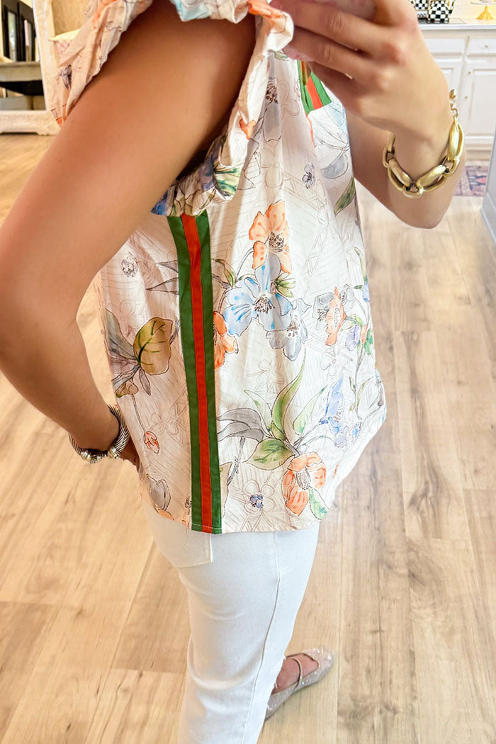 Floral Contrast Trim  Puff Sleeve Top