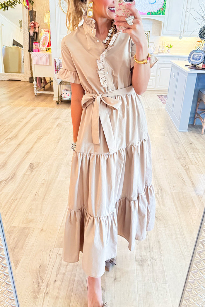Taupe Tiered Ruffle Collar Midi Dress