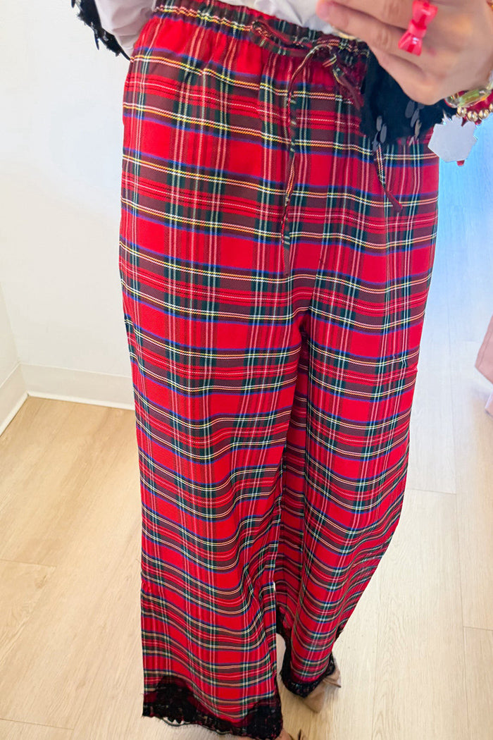 Red Plaid Lace Hem Pants