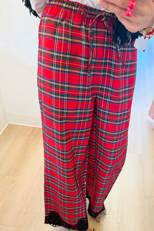 Red Plaid Lace Hem Pants