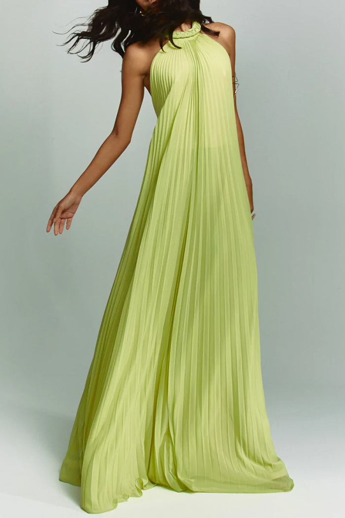 Halter Pleated Flowy Maxi Dress