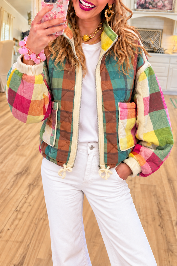 Color Block Plaid Quilted Bomber Jacket