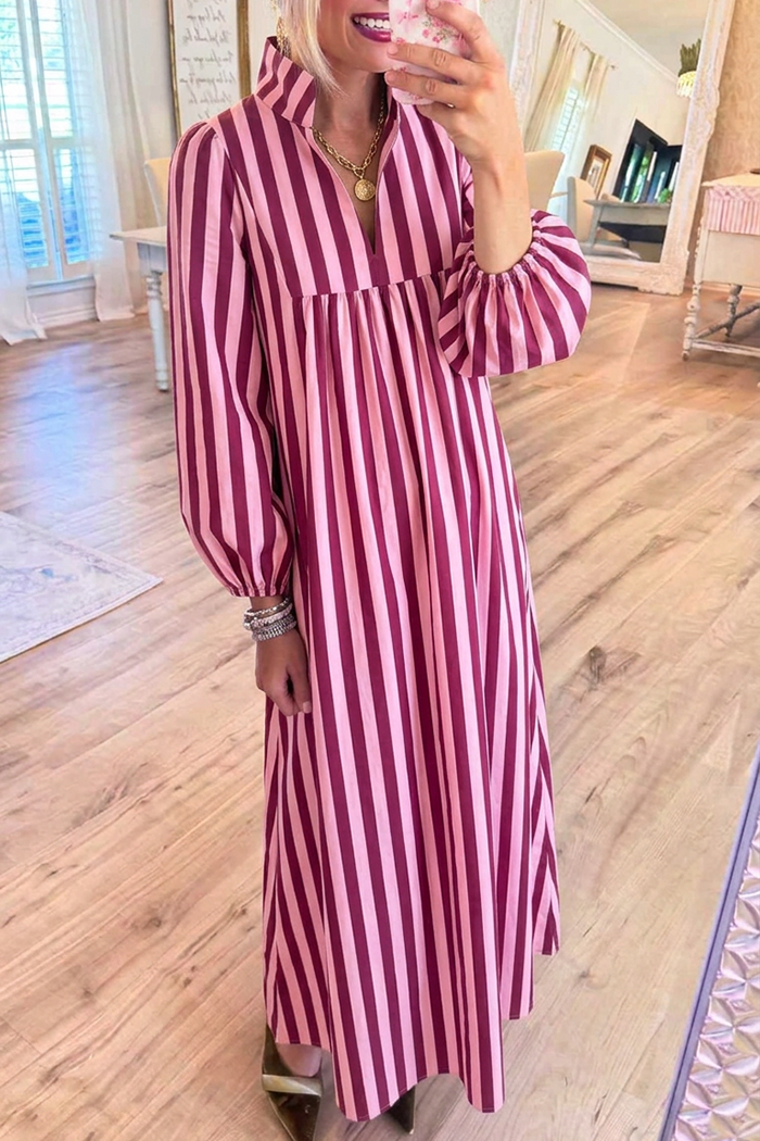 Striped Stand Collar Balloon Sleeves Maxi Dress