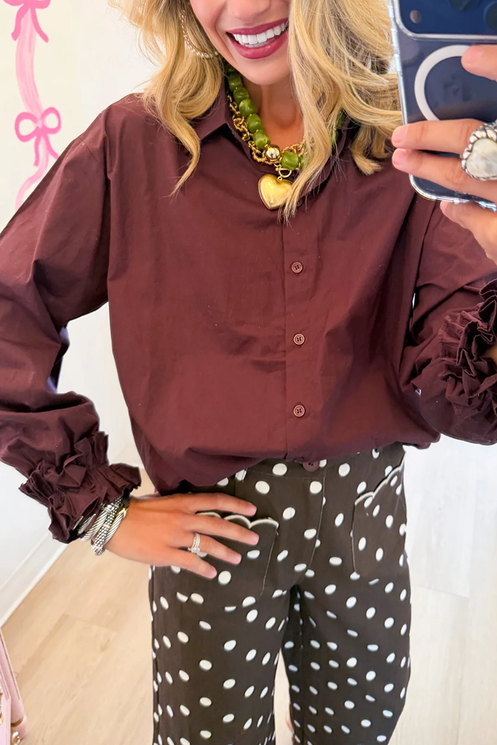 Brown Ruffle Detail Button Up Top