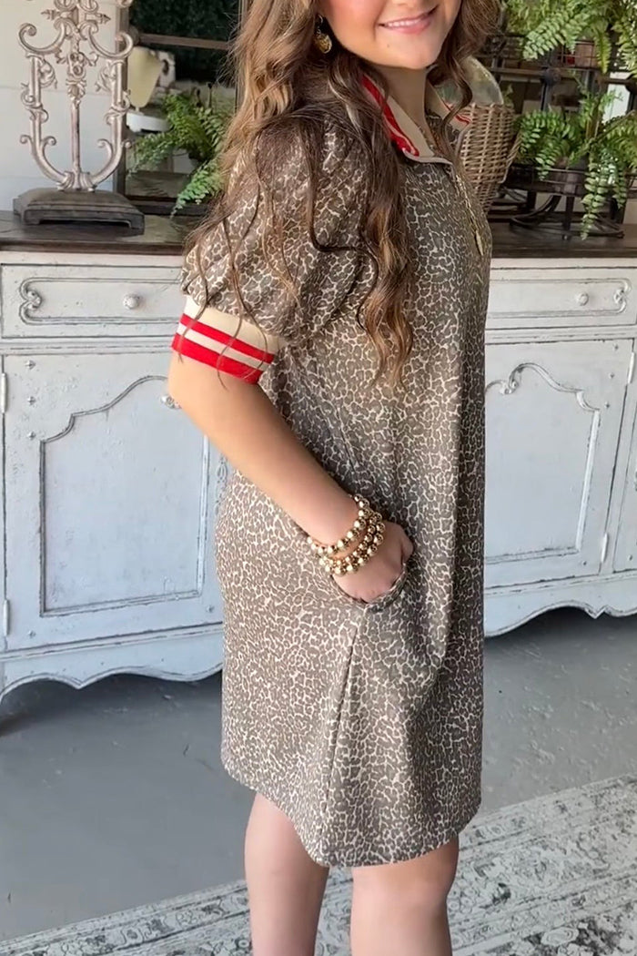 Leopard Print Collared Short Sleeve Dress