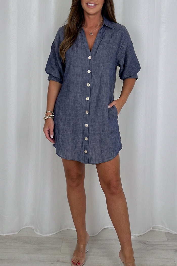 Casual Button Front Pocket Shirt Dress