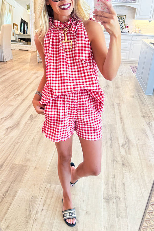 Casual Checkered Sleeveless Short Set