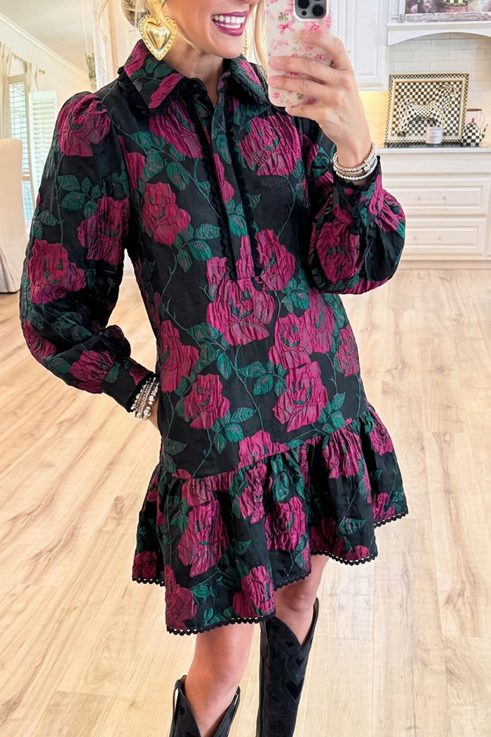 Collared Magenta Rose Jacquard Ruffle Hem Pocket Dress