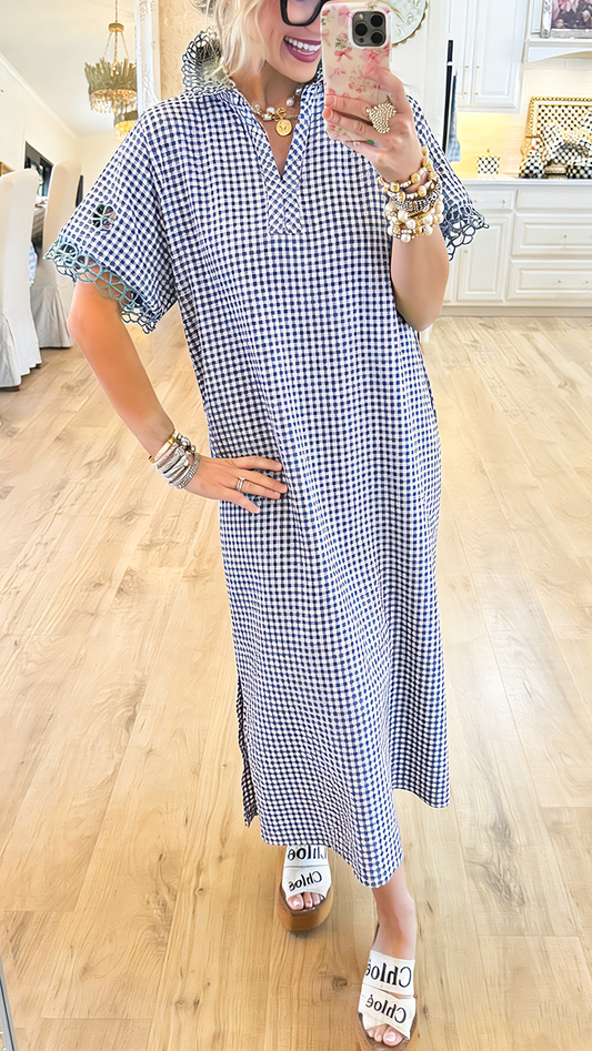 Lace Trim Side Slits Pockets Gingham Dress
