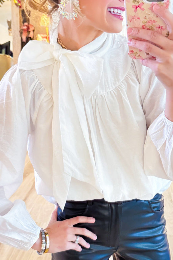 White Bow Tie Neck Ruffle Blouse
