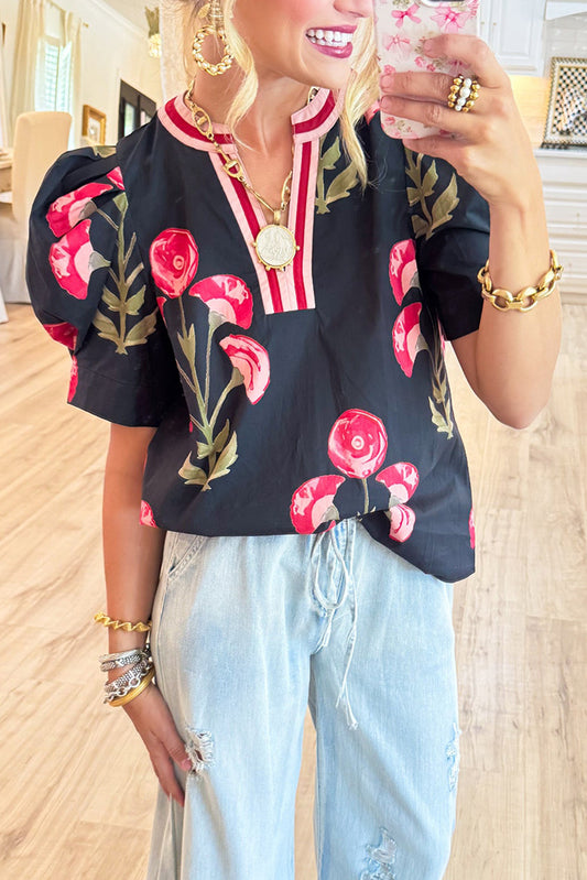 Floral Contrast Collar Puff Sleeve Top