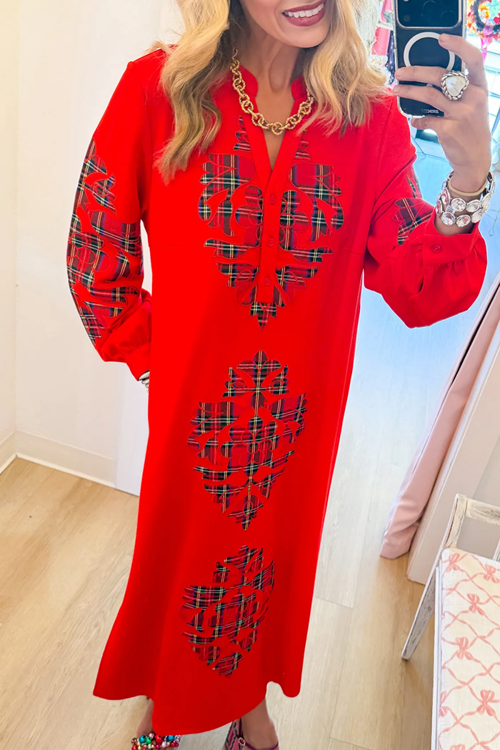 Red Plaid Applique Pocket Maxi Dress