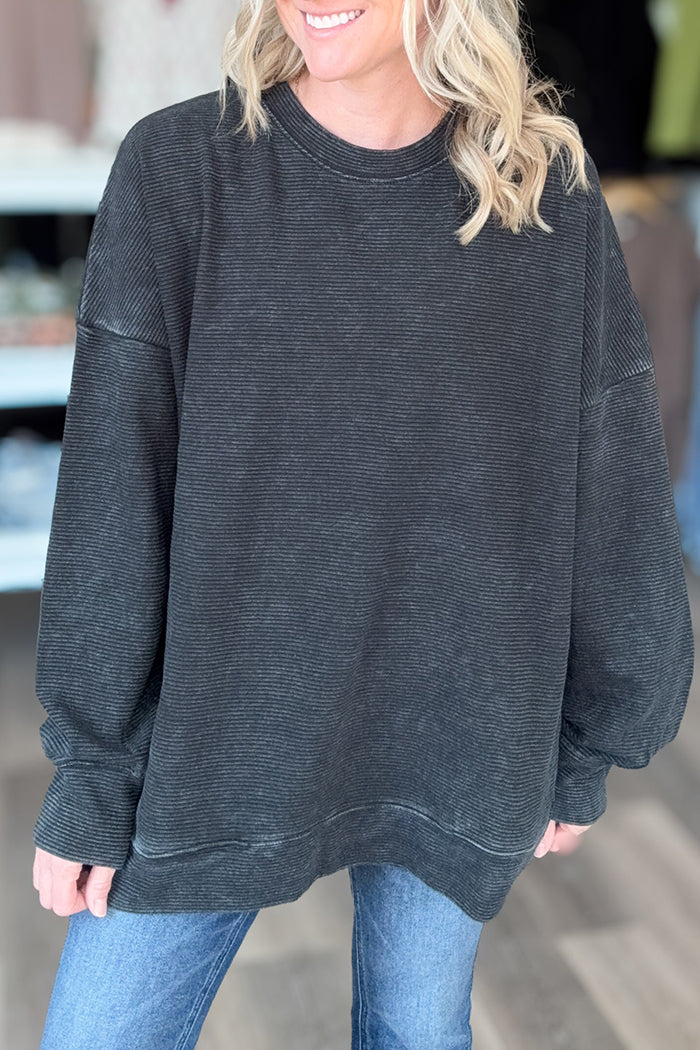 Casual Washed Ribbed Long Sleeved Hi Low Pullover Sweatshirt