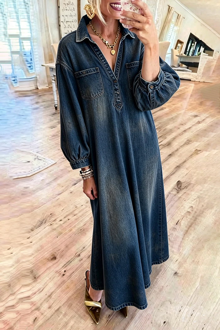 Faded Wash Puff Sleeve Denim Pocket Maxi Dress