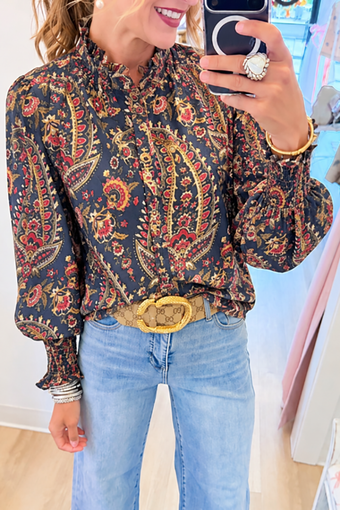 Navy Paisley Ruffle Neck Top