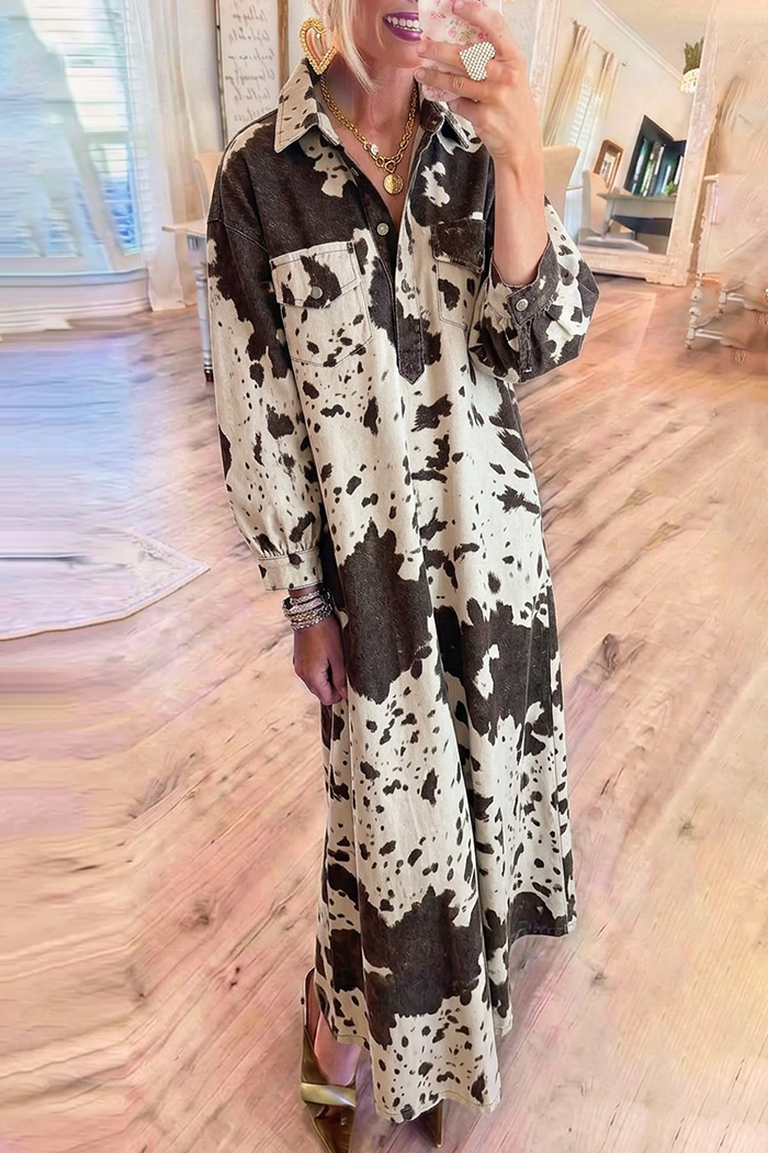 Cow Print Denim Collared Puff Sleeve Chest Pocket Maxi Dress